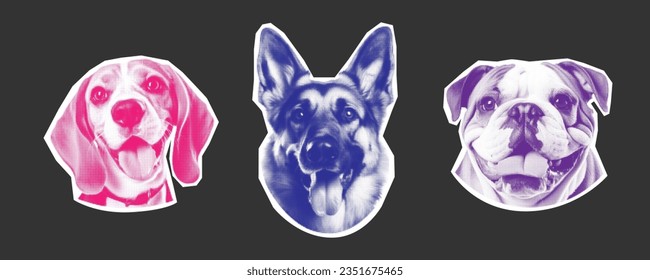 Trendy halftone collage Muzzle Dogs sticker set. Pet breeds German Shepherd, Bulldog, Beagle. Retro halftone template for banner, poster, card. Contemporary vector illustration.