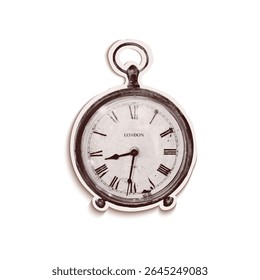 Trendy halftone collage of old pocket watch cut out an old newspaper. Isolated vector illustration grayscale retro sticker clock with Bitmap and Dots texture. Vintage aesthetic, 90s vibe, nostalgic