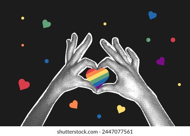 Trendy halftone collage on dark background. Heart shaped hands with heart shaped LGBT emblem. Gender, diversity, unity concept. Vector flat illustration for poster, postcard, banner, sticker