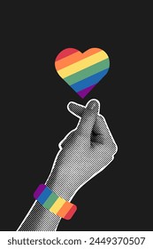 Trendy halftone collage on dark background. A hand holds an LGBT emblem in the shape of a heart. Gender, diversity, unity concept. Vector flat illustration for poster, postcard, banner, sticker