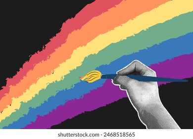 Trendy halftone collage on dark background. Hand with a brush painting a rainbow. LGBT rights campaign Colorful rainbow.Vector flat illustration for poster, postcard, banner, sticker