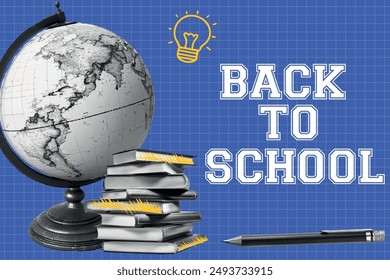 Trendy halftone collage on the theme of back to school.  Back to school design with globe, stacked books, light bulb  and pen on blue checkered  background. Concept of learning, knowledge, school.