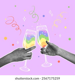 Trendy halftone collage. A collage on the theme of pride month. Hands with halftone effect holding glasses with rainbow drink.Chin chin. Trendy retro collage. Vector illustration