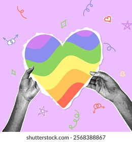 Trendy halftone collage. Collage on the theme of pride month in retro style. Hands with halftone effect holding paper cut out heart in scrapbooking style. Trendy retro collage. Vector illustration