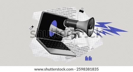 Trendy Halftone Collage Online announce. Hand holding megaphone out of laptop screen. Torn newspaper and blue lightings. Social media news and propaganda. Contemporary vector illustration art