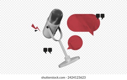 Trendy Halftone Collage Online Broadcasting concept. Audio recording of interview. Microphone with speech bubble messages. Talking in podcast. Streaming service. Contemporary vector art