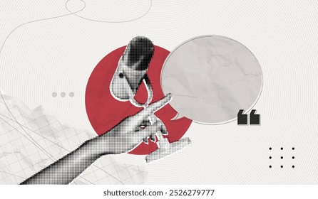 Trendy Halftone Collage Online Broadcasting concept. Hand with Microphone and Speech bubble message. Audio recording of interview. Talking in podcast. Contemporary vector art illustration