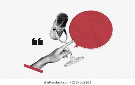 Trendy Halftone Collage Online Broadcasting concept. Audio recording of interview. Hand with microphone and speech bubble message. Talking in podcast. Streaming service. Contemporary vector art