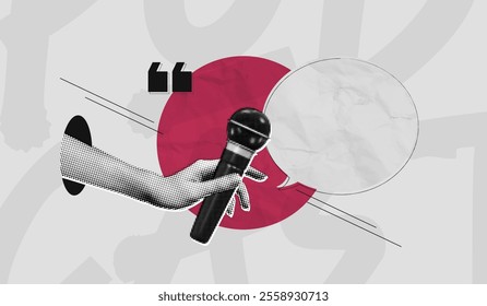 Trendy Halftone Collage Online Broadcasting concept. Hand with Microphone and Speech bubble message. Audio recording of interview. Talking in podcast. Contemporary vector art illustration