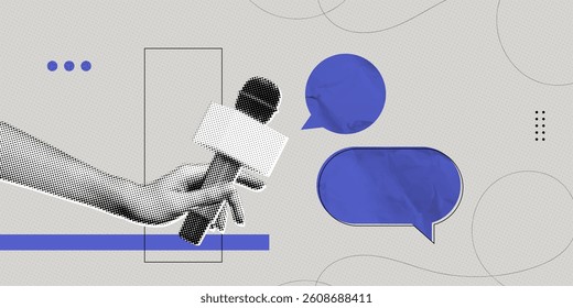Trendy Halftone Collage Online Broadcasting concept. Hand with Microphone and Speech bubble message. Audio recording of interview. Talking in podcast. Contemporary vector illustration art
