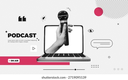 Concepto de difusión en línea de collage de semitonos de moda. Ordenador portátil y micrófono de mano de la pantalla. Noticias y entrevista. Hablando en podcast. Servicio de streaming. Arte vectorial contemporáneo