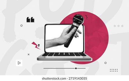 Concepto de difusión en línea de collage de semitonos de moda. Ordenador portátil y micrófono de mano de la pantalla. Noticias y entrevista. Hablando en podcast. Servicio de streaming. Arte vectorial contemporáneo