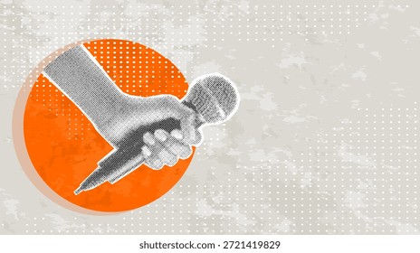 Concepto de difusión en línea de collage de semitonos de moda. Mano con micrófono. Grabación de audio de la entrevista. Hablando en podcast. Arte de Ilustración vectorial contemporáneo
