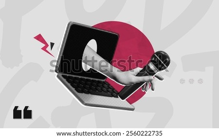 Trendy Halftone Collage Online Broadcasting concept. Computer laptop and hand holding microphone from screen. News and interview. Talking in podcast. Streaming service. Contemporary vector art