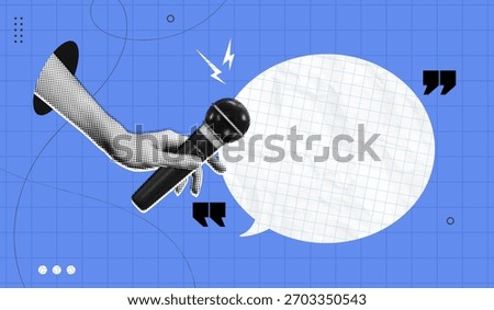 Trendy Halftone Collage Online Broadcasting concept. Hand with Microphone and Speech bubble message. Audio recording of interview. Talking in podcast. Contemporary vector art illustration