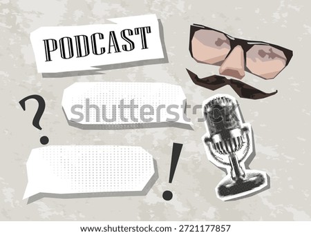 Trendy Halftone Collage Online Broadcasting concept. Audio recording of interview. Microphone with speech bubble messages and eyes in glasses. Talking in podcast. Streaming service. Vector art