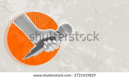 Trendy Halftone Collage Online Broadcasting concept. Hand with Microphone. Audio recording of interview. Talking in podcast. Contemporary vector illustration art
