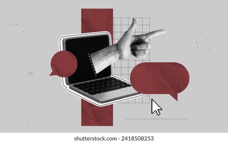 Trendy Halftone Collage Online Communication. Computer laptop with hand inside screen and speech bubble messages. Worker or student on internet. Discussion and feedback. Contemporary vector art