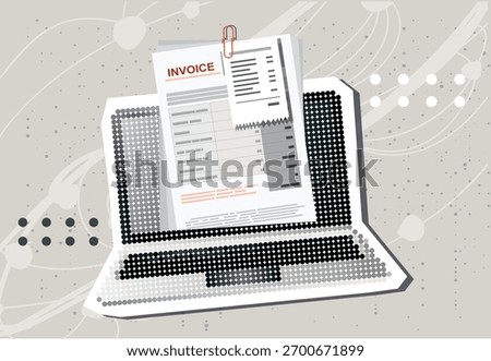Trendy Halftone Collage Online digital invoice on screen laptop with bills. Template for banner, poster, social media and ads. Vector illustration. Contemporary art. Vector