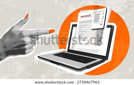 Trendy Halftone Collage Online digital invoice on screen laptop with bills. Template for banner, poster, social media and ads. Vector illustration. Contemporary art. Vector	