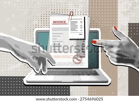 Trendy Halftone Collage Online digital invoice on screen laptop with bills. Template for banner, poster, social media and ads. Vector illustration. Contemporary art. Vector