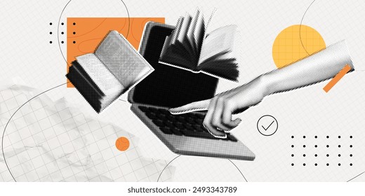 Trendy Halftone Collage Online education concept. Computer laptop with hand and floating books. News course, webinar. Smart thinking and brainstorming. Contemporary vector art illustration