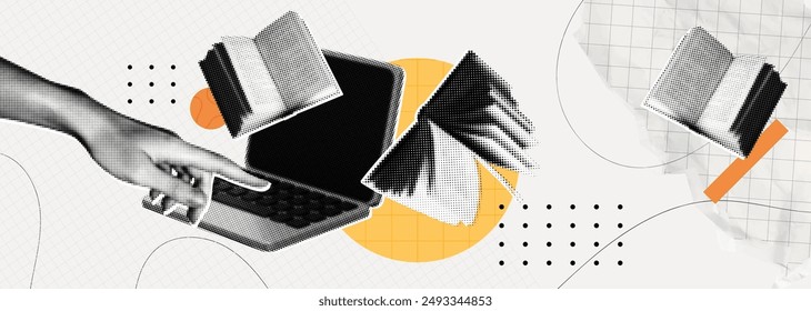 Trendy Halftone Collage Online education concept. Computer laptop with hand and floating books. News course, webinar. Smart thinking and brainstorming. Contemporary vector art illustration