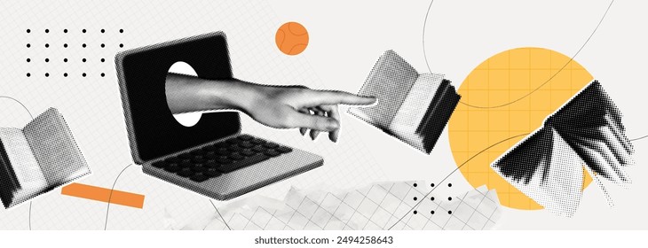 Trendy Halftone Collage Online education concept. Computer laptop with hand and floating books. News course, webinar. Smart thinking and brainstorming. Contemporary vector illustration art