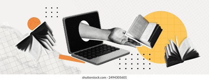 Trendy Halftone Collage Online education concept. Computer laptop with hand and floating books. New course, webinar. Smart thinking and brainstorming. Contemporary vector illustration art