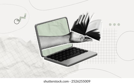 Trendy Halftone Collage Online education concept. Computer laptop with hand and floating book. New course or webinar. Smart thinking and brainstorming. Contemporary vector art illustration