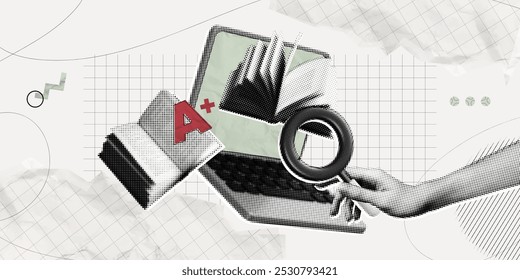 Trendy Halftone Collage Online education and study concept. Computer laptop with hand and floating books. New course, webinar. Smart thinking and brainstorming. Contemporary vector art illustration