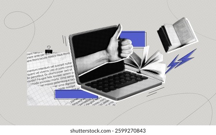 Trendy Halftone Collage Online education concept. Computer laptop with hand and floating books. News course, webinar. Smart thinking and brainstorming. Contemporary vector art illustration