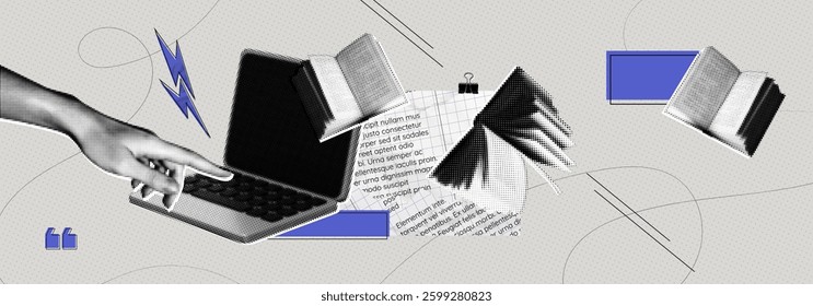 Trendy Halftone Collage Online education concept. Computer laptop with hand and floating books. News course, webinar. Smart thinking and brainstorming. Contemporary vector art illustration