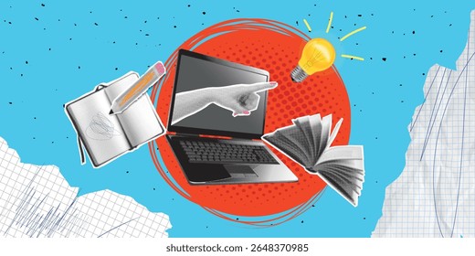 Trendy Halftone Collage Online education concept. Computer laptop with hand, floating books and lightbulb. News course, webinar. Smart thinking and brainstorming. Contemporary vector art illustration