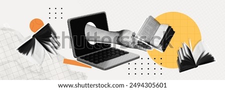 Trendy Halftone Collage Online education concept. Computer laptop with hand and floating books. New course, webinar. Smart thinking and brainstorming. Contemporary vector illustration art