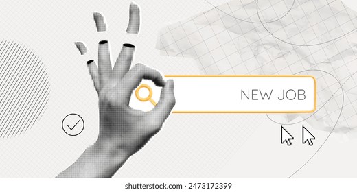 Trendy Halftone Collage Online Hiring Job. Hand showing Okay gesture on search bar background. Business agreement and remote working concept. Great job offer. Contemporary vector illustration art