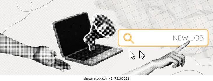 Trendy Halftone Collage Online Hiring Job. Laptop with megaphone and search bar. Career opportunity. Remote work. Offer about new vacancy via internet. Contemporary vector illustration art