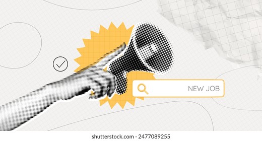 Trendy Halftone Collage Online Hiring. Hand with megaphone and search bar. Job search on internet. Career opportunity. Remote work. Offer about new vacancy. Contemporary vector illustration art