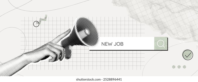 Trendy Halftone Collage Online Hiring concept. Hand with megaphone and search bar. Job search on internet. Career opportunity. Remote work. New vacancy offer. Contemporary vector illustration art