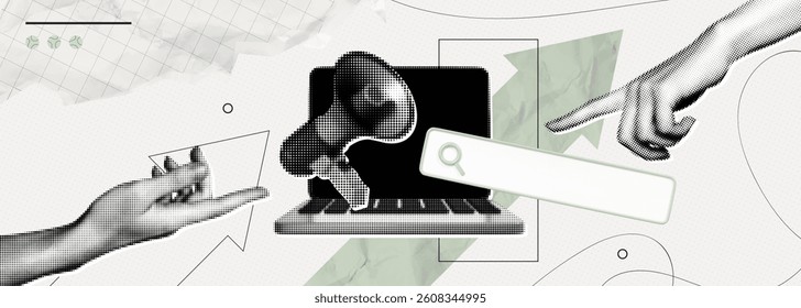 Trendy Halftone Collage Online Hiring Job. Laptop with megaphone and search bar. Career opportunity. Remote work. Offer about new vacancy via internet. Contemporary vector illustration art