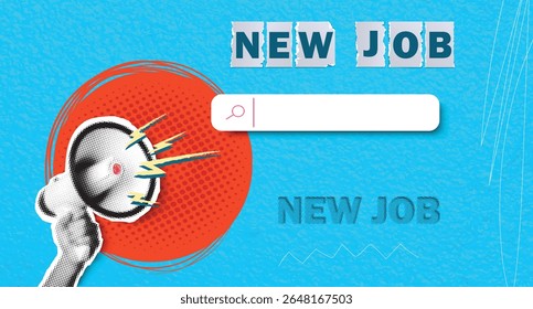 Trendy Halftone Collage Online Hiring. Hand with megaphone and search bar. Job search on internet. Career opportunity. Remote work. Offer about new vacancy. Contemporary vector illustration art
