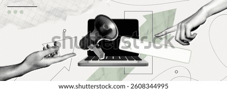 Trendy Halftone Collage Online Hiring Job. Laptop with megaphone and search bar. Career opportunity. Remote work. Offer about new vacancy via internet. Contemporary vector illustration art