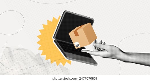 Trendy Halftone Collage Online orders. Hand receives cardboard box from computer laptop. Express transportation parcel from marketplace. Shopping and purchases. Contemporary vector illustration art