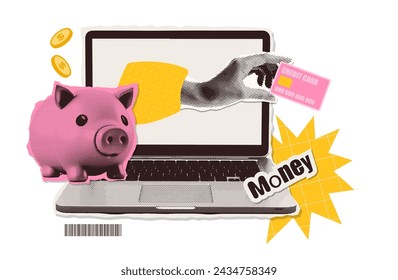 Trendy Halftone Collage with online payment metaphor. Hand sticking out of laptop screen with piggy bank and Floating Coins. Financial planning. Cashback concept. Save money. Earn and pay. Vector