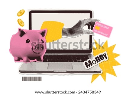 Trendy Halftone Collage with online payment metaphor. Hand sticking out of laptop screen with piggy bank and Floating Coins. Financial planning. Cashback concept. Save money. Earn and pay. Vector