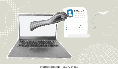 Trendy halftone collage. Online resume submission. Hand reaches out of laptop to send resume. Employment concept, scanning to select job applicant.
