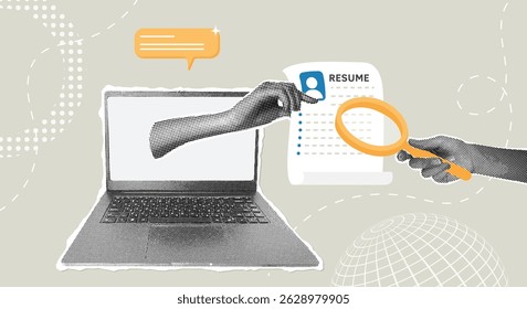 Colagem de meio-tom na moda. Currículo on-line e revisão completa dos candidatos retomar. Conceito de emprego, digitalização para seleção de candidatos, contratação.