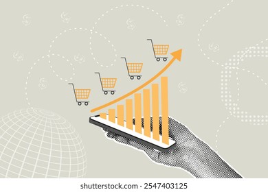 Trendy halftone collage. Online sales growth concept, increase volume, increase efficiency, sales program. Hand shows online sales growth graph on phone screen. Illustration for presentations