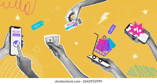 Trendy halftone collage. Online stores and e-commerce illustration. Online store concept, mobile website, shopping app. Stylish modern design of a discount advertising poster.