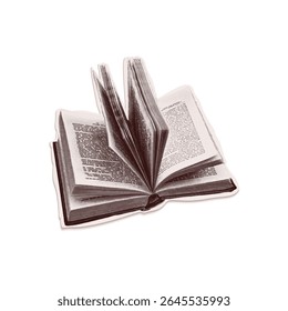Trendy halftone collage of a open book cut out an old newspaper. Isolated vector illustration grayscale retro sticker with Bitmap and Dots texture. Vintage aesthetic, 80s - 90s vibe, nostalgic